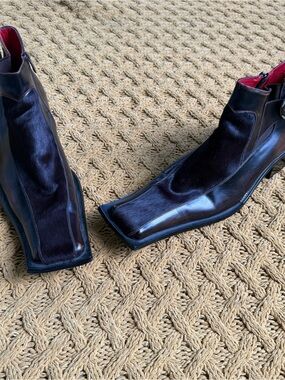 Zota Leather Pony Hair Mens Square Toe Ankle Boots Size 13 Avant Garde Abstract